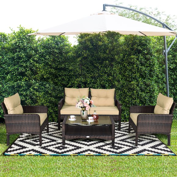 Costway 4PCS Patio Rattan Furniture Set Loveseat Sofa Coffee Table Garden W/ Cush