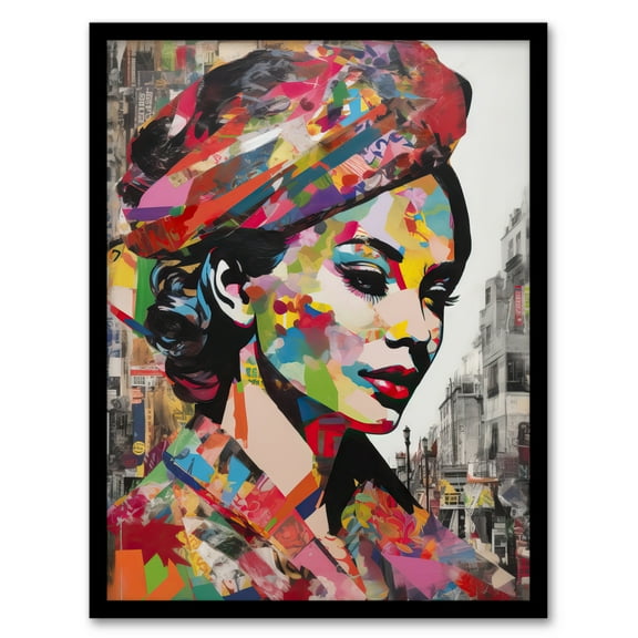 She Was Colour Collage Acrylic Painting Lover Beauty Portrait Of Woman In City Vibrant Colourful Bold Pop Art Modern Painting Art Print Framed Poster Wall Decor 12x16 inch