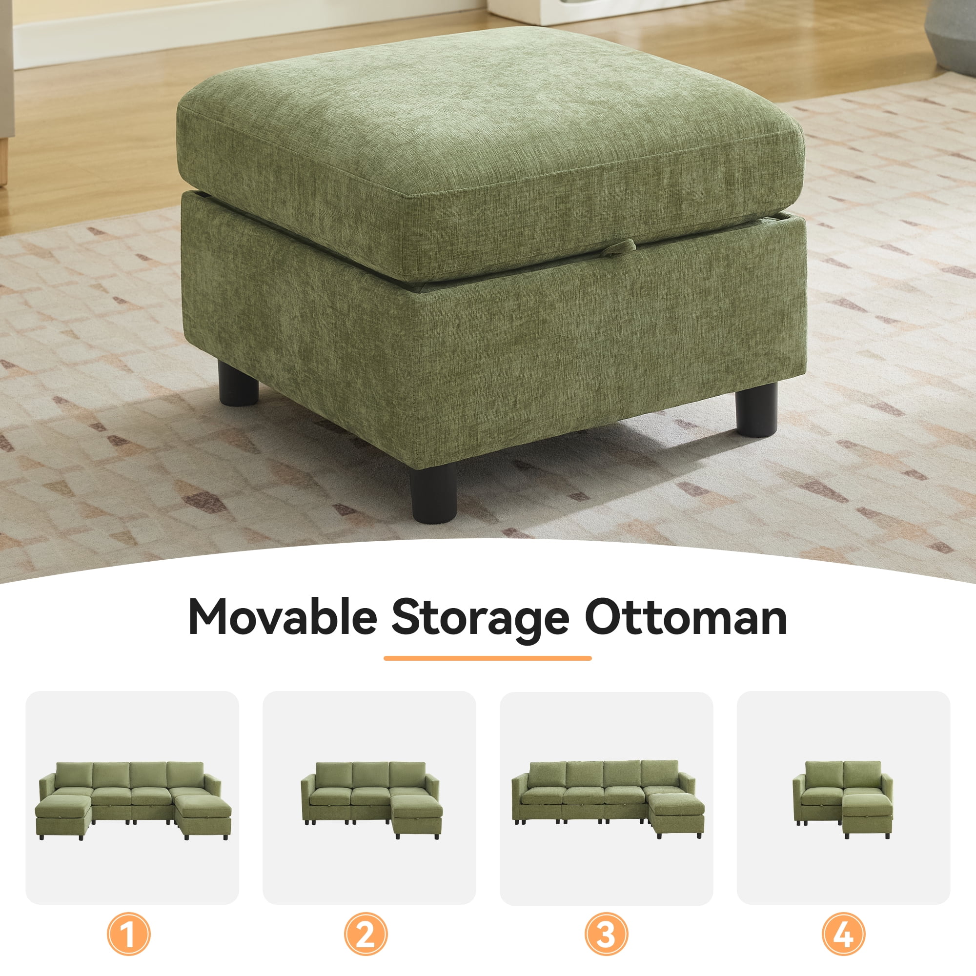 25" Square Storage Ottoman for Modular Couch, Convertible Footrest with Hidden Compartment, Chenille Upholstered Coffee Table & Extra Living Room Seating,Green