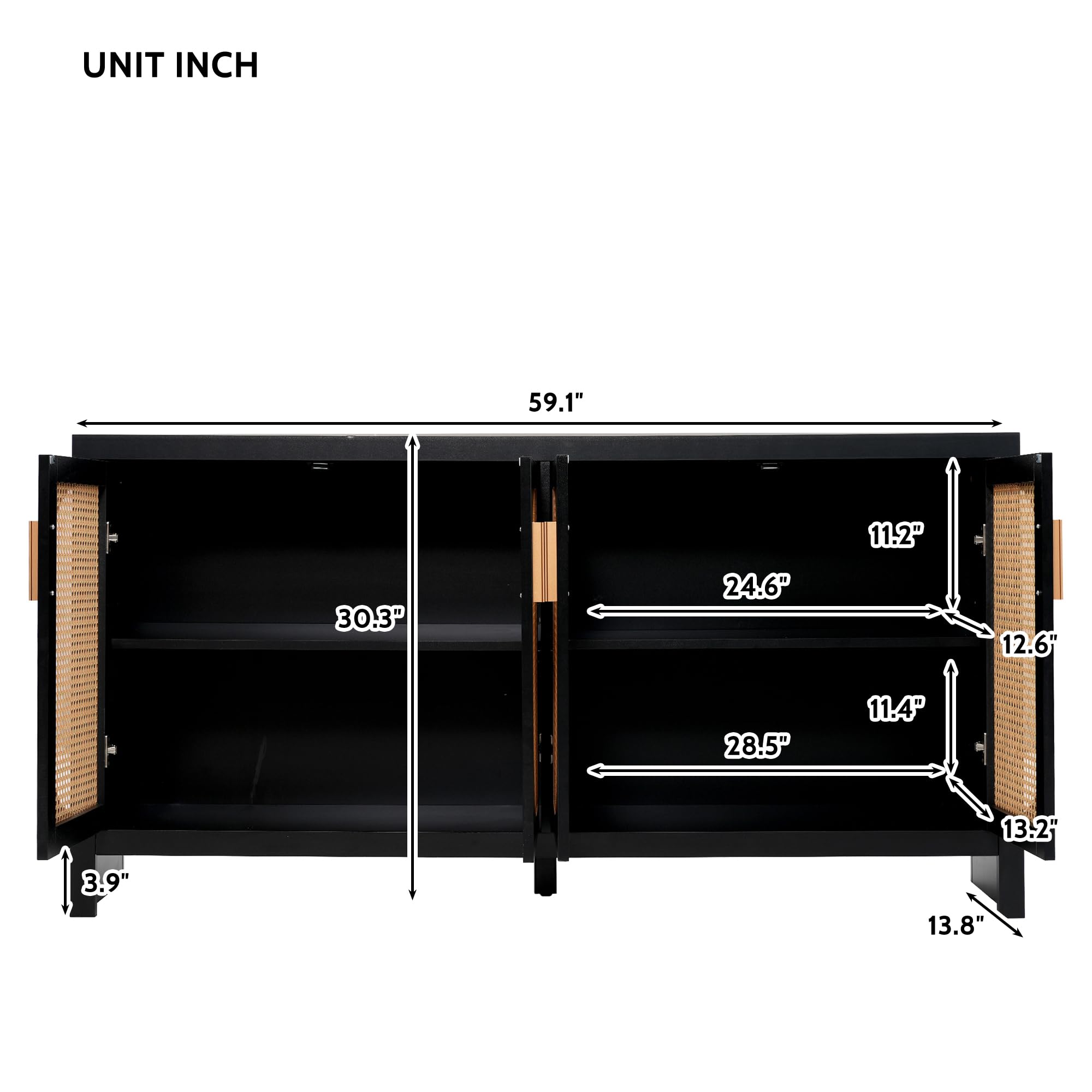 Rattan Buffet Sideboard, Kitchen Console Table with Doors, Rattan Credenza, Accent Cabinet
