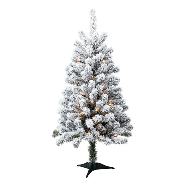 4-foot Holiday Time Greenfield pre-lit pine Christmas tree with full white flocking and warm white lights on a black stand