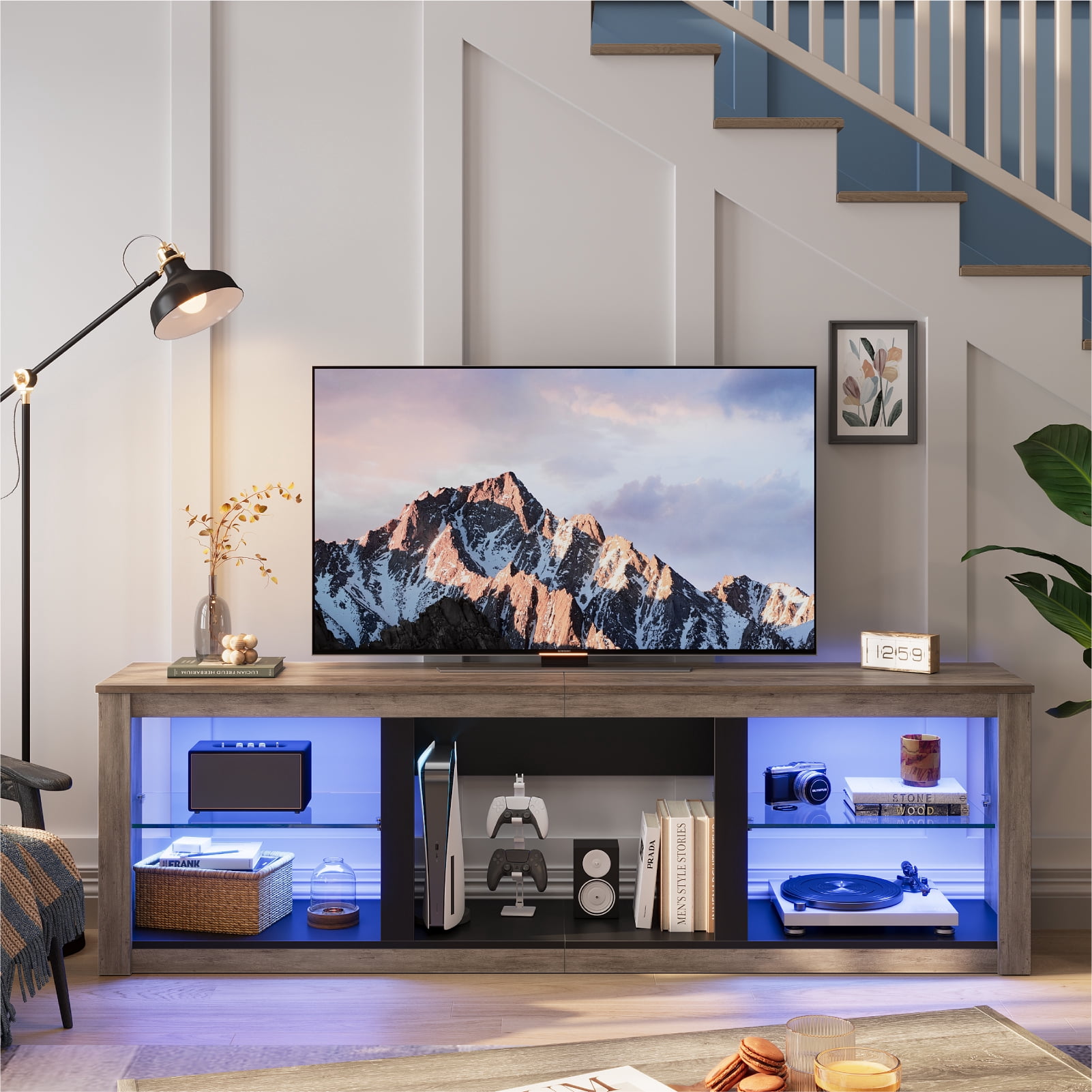 Bestier TV Stand for 75" TV, Gaming Entertainment Center with Remote Controlled RGB LED Light, Adjustable Glass Shelves, Modern Media Console Table with Open Storage for Living Room, Wash Gray