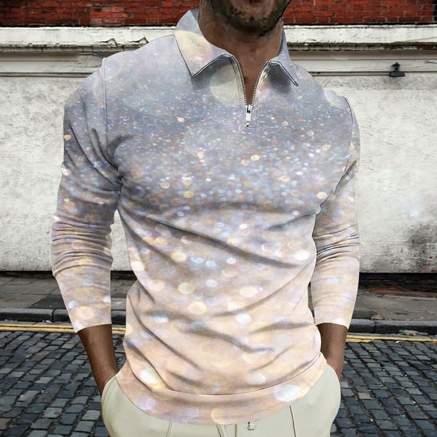 Blusa y camisa de manga larga con cuello vuelto para hombre, jersey de solapa con cremallera y manga larga, blusa informal estampada para San Valentín, poliéster para hombre
