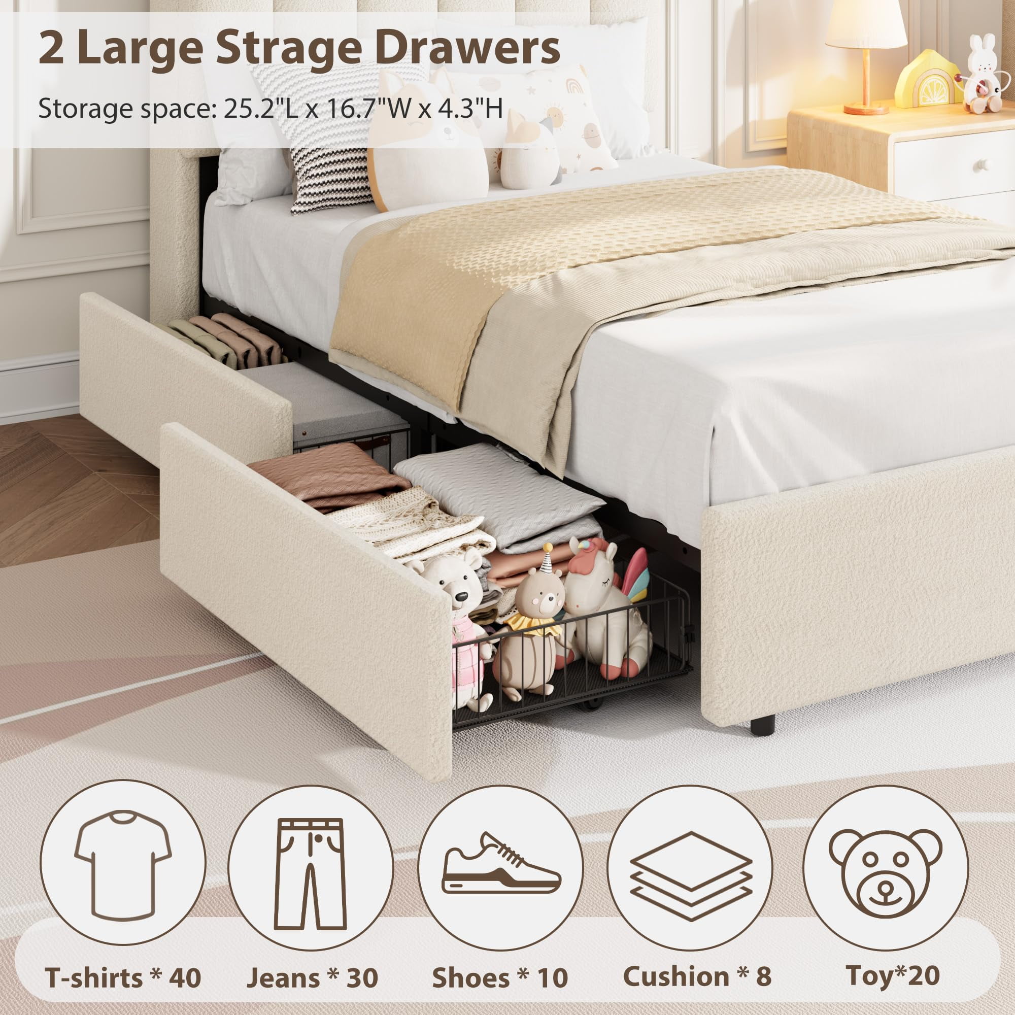 Bed Frame with 2 Storage Drawers, Upholstered Bed Frame Queen Size with LED Lights Headboard, No Box Spring Needed, Easy Assembly