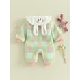 thumbnail image 4 of Bslissey Baby Girls Easter Plush Hooded Jumpsuit Rabbit Embroidery Long Sleeve Button Fleece Plaid Rompers Infant Cute Hood Playsuit Daily Clothes 3M 6M 9M 12M 18M, 4 of 9