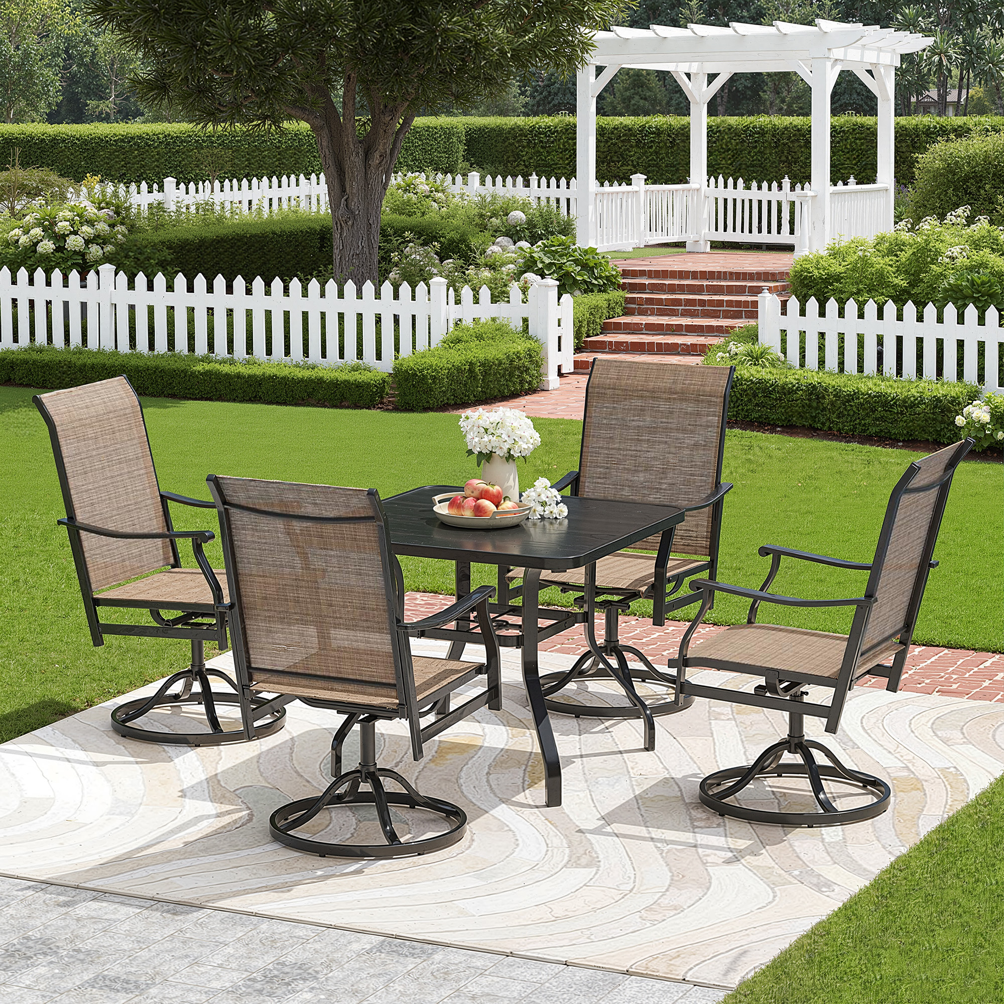 MAYEERTY 4-Piece Outdoor Swivel Dining Chairs with Textilene Fabric for Backyard & Patio, Brown
