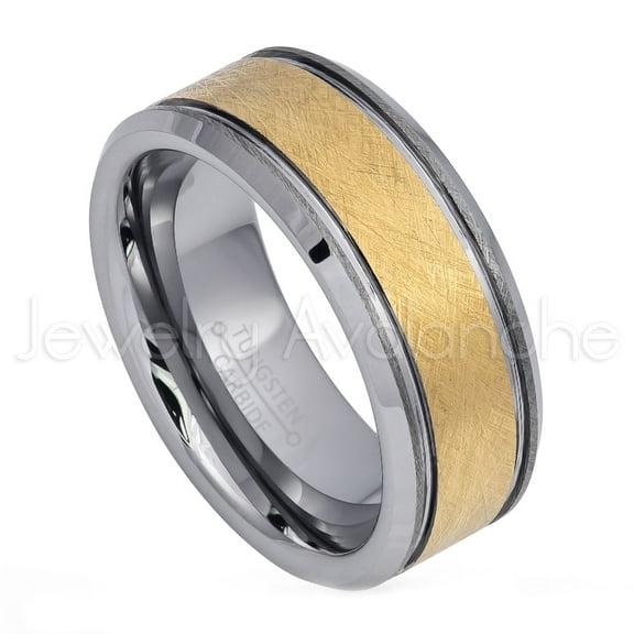 2-Tone Sandblasted Tungsten Ring - 8mm Yellow Gold Plated Comfort Fit Tungsten Carbide Anniversary Ring - TN725WAs9