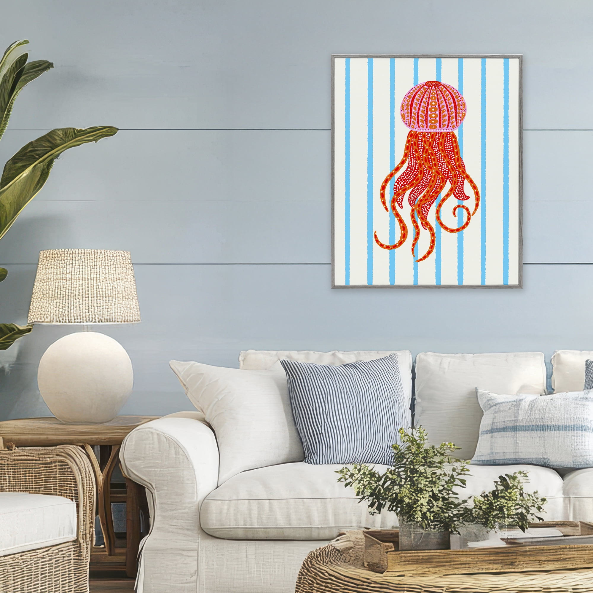 Stupell Industries Bright Aquatic Jellyfish on Stripes Gray Framed Giclee Art, design by Indira Prieto | IndySign