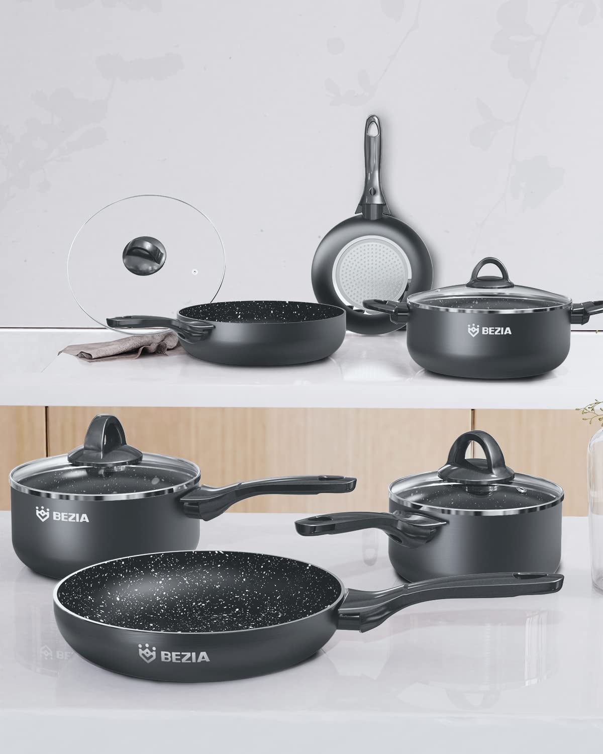 BEZIA Pots and Pans Set Nonstick, Induction Cookware Sets 10 Piece,  Compatible with All Stoves, Dishwasher Safe Kitchen Cooking Pan Set with  Frying