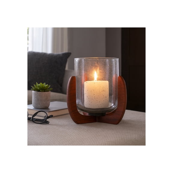 Glass Votive Candle Holder with Wood Base - Decorative Pillar Candlestick Holder for Table Centerpieces - Perfect Home Decor Accent for Living Room, Bedroom, or Bathroom Space - 7", Brown & Clear