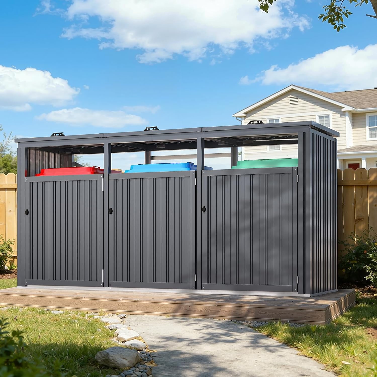 AECOJOY 77 CU.FT Outdoor Trash Can Storage Shed, Metal Garbage Storage Shed for 3 Trash Cans, Heavy Duty Cabinet Waterproof for Garden, Backyard, Lawn and Patio
