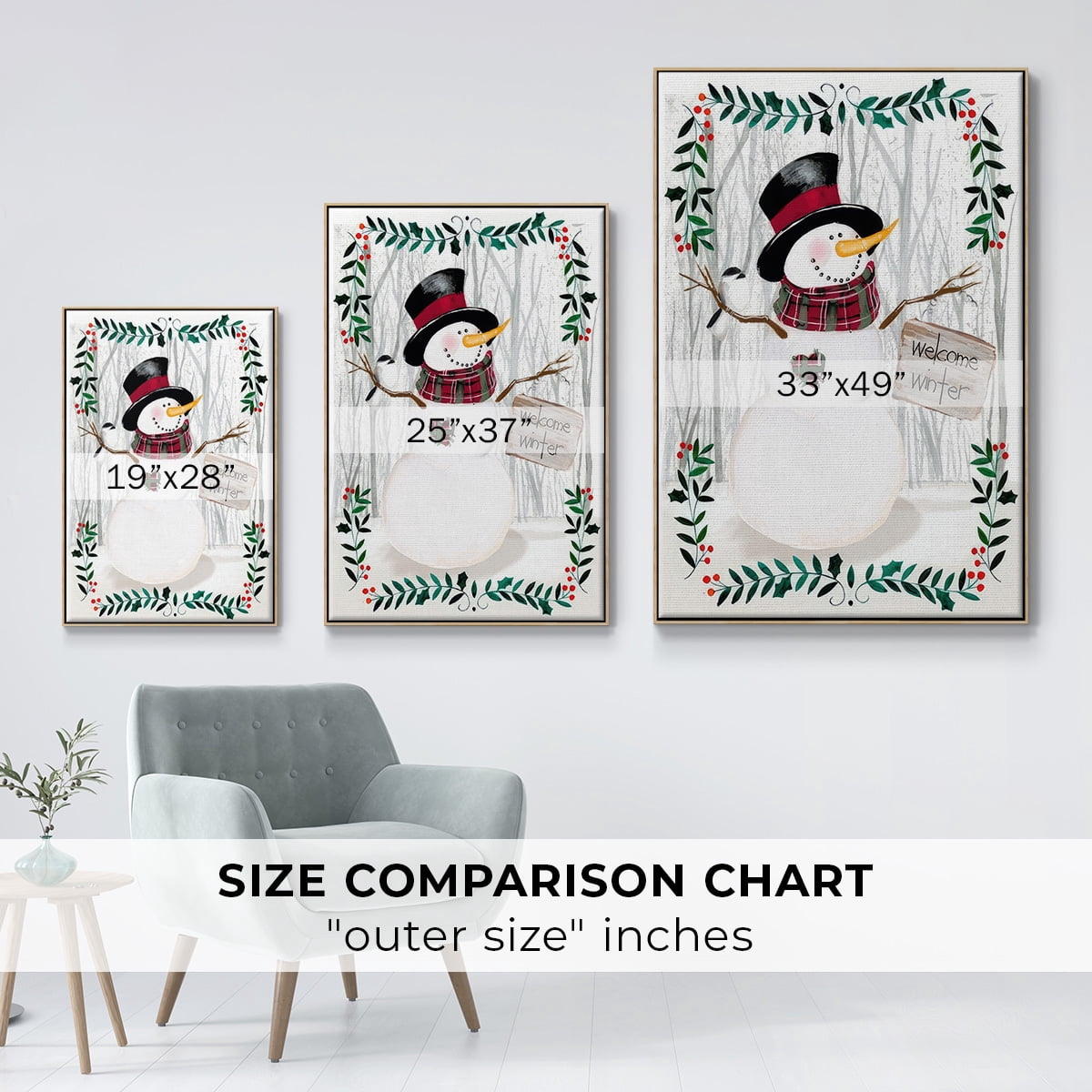 Folk Snowman Forest I - Framed Gallery Wrapped Holiday Canvas - 25 x 37 - Natural Wood Frame