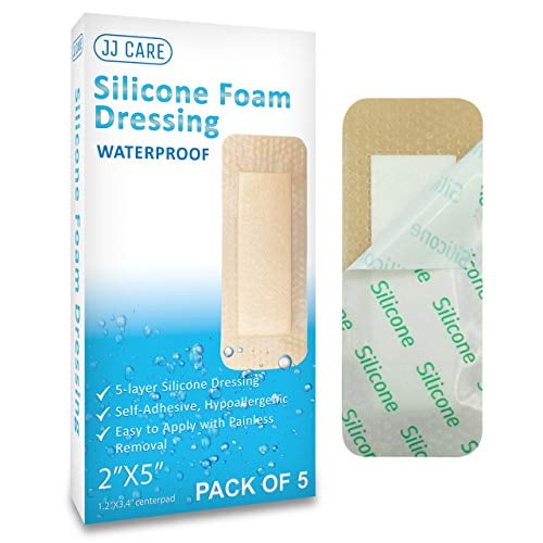 JJ CARE [Pack of 5] Silicone Foam Dressing 2' x 5' Foam Wound Dressing, Bordered Adhesive 5-Layer Silicone Bandages, High Absorbency Foam Bandage, Center Pad Size 1.2' x 3.4'