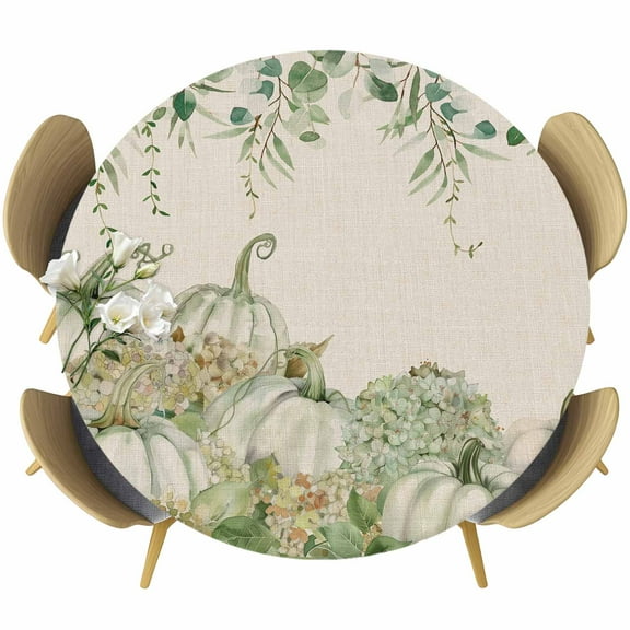 Fall Sage Green Pumpkins Round Tablecloth 36-44 Inch Round Fitted Table Cloth with Elastic Edge, Thanksgiving Maple Leaf Rustic Waterproof Table Cover Protector for Outdoor Picnic Party Dining
