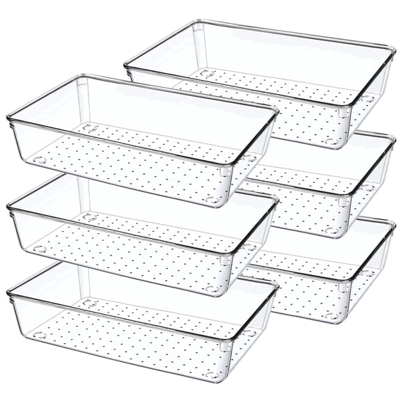 6 Pack Clear Drawer Organizers Bins, Kitchen Stackable Plastic Storage Containers for Refrigerator, Makeup Drawer Organization Tray for Desk, Bathroom, Cabinet, Vanity, Pantry