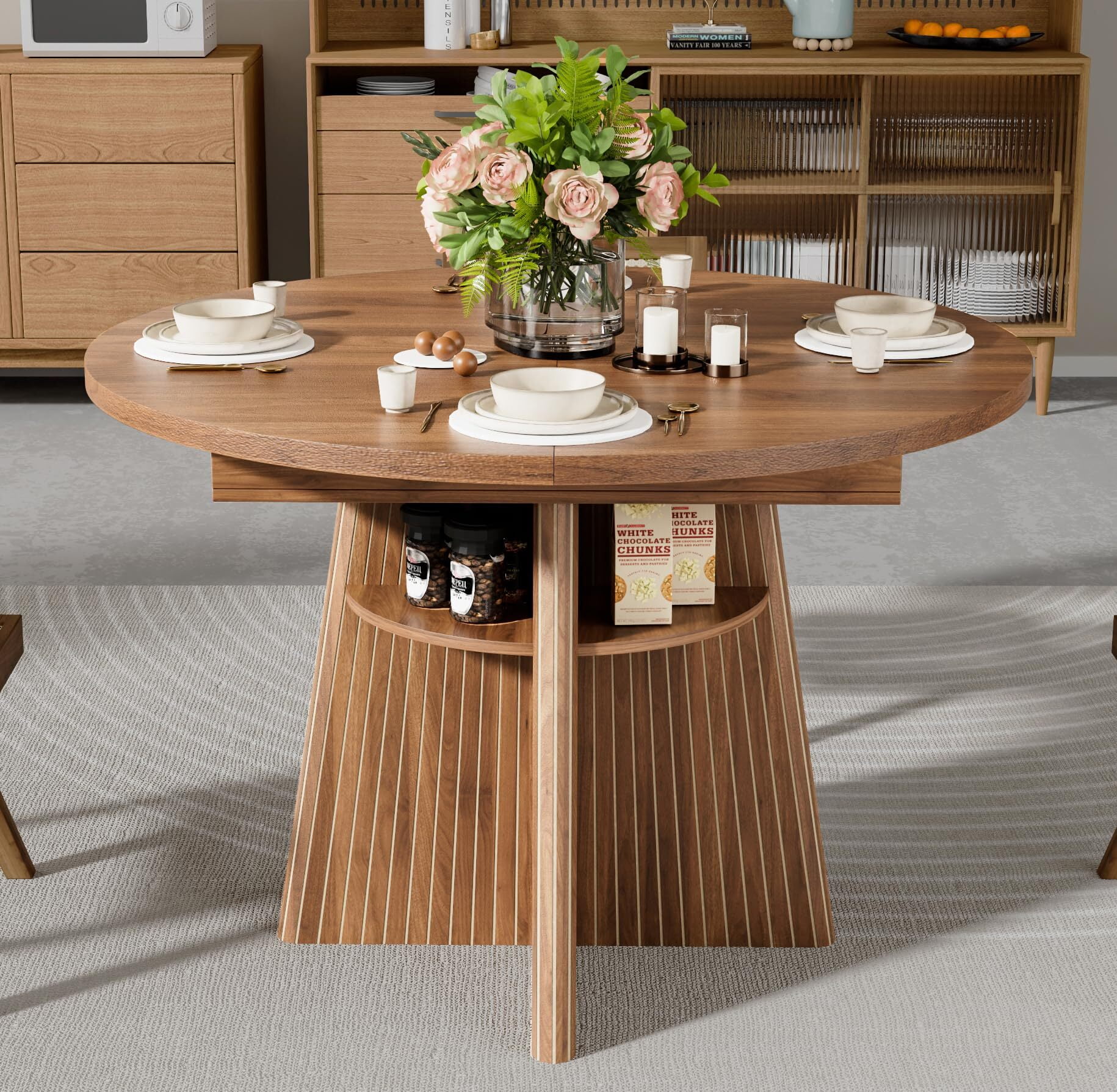 43.3–59" Extendable Dining Table for 4–8, Round Kitchen Table with Fluted Base & 4 Storage Shelves for Living Room, Walnut