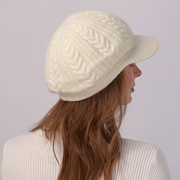 〽️Women’s White Winter Warm Knit Wool Snow Ski Hat with Visor Visor Long Knit Cap main image 4