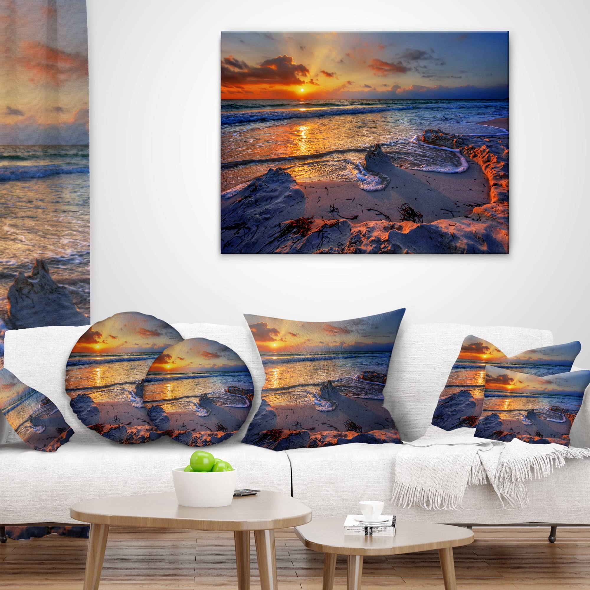 Designart Beautiful Seashore with Yellow Sun - Seashore Throw Pillow - 16x16