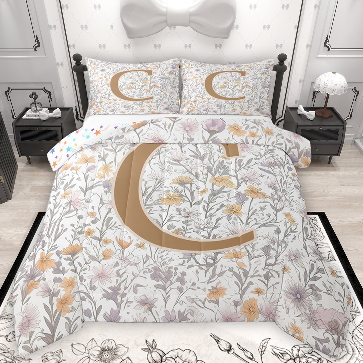 Homewish Girls Personalized Gifts Full Size Comforter Sets Gold Letter C Bedding Comforter Set Orange Purple Floral Bedding Sets For Princess Lightweight Room Decoration Reversible 3pcs