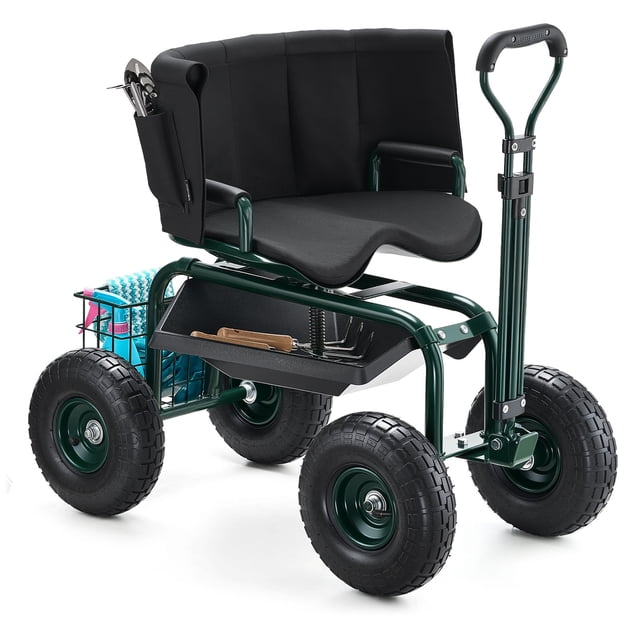 VEVOR Chariot de Jardin Roulant avec Siège Pivotant, Dossier, Roue de Coffre à Outils, Poignée Extensible
