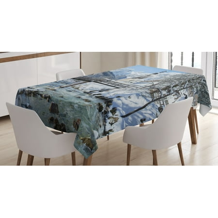 Winter Tablecloth, Panoramic View of Scenic Landscape in Bavaria Parish Church of St. Sebastian, Rectangular Table Cover for Dining Room Kitchen, 60 X 84 Inches, Blue Brown White, by