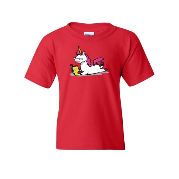 Tee Hunt Unicorn Bookworm Youth T-Shirt Funny College Student Nerd Geek Study Kids Tee, Red, X-Large