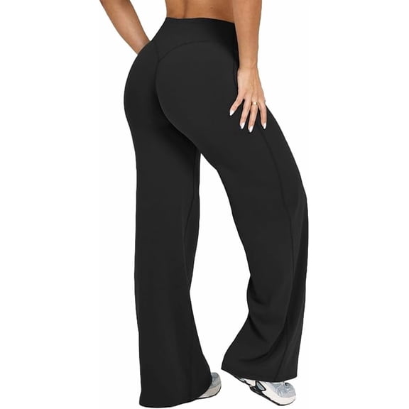 High Waist Butt Lifting Wide Leg Yoga Pants - Women's Tummy Control Straight Leg No Front Seam Gym Workout Bottoms Black XL