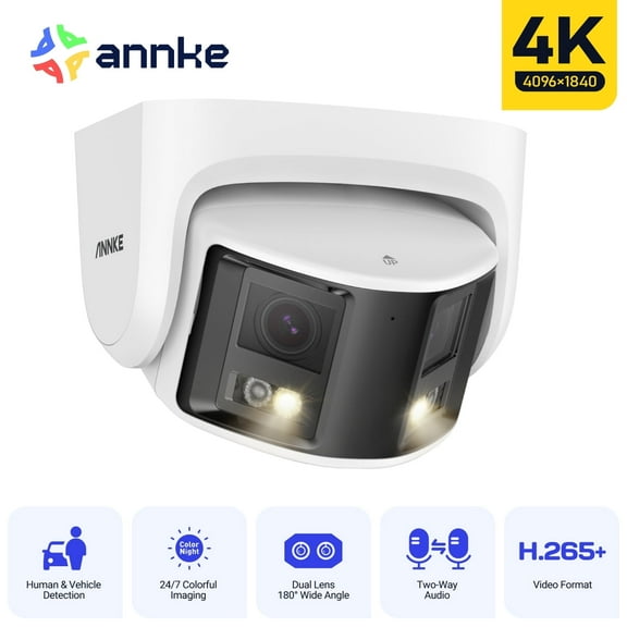 ANNKE 4K H.265  PoE Security Camera Outdoor with Dual Lens 180° Filed of View, IP Surveillance Camera Support Color Night Vision, Person/Vehicle Detection, Two-Way Talk, IP66
