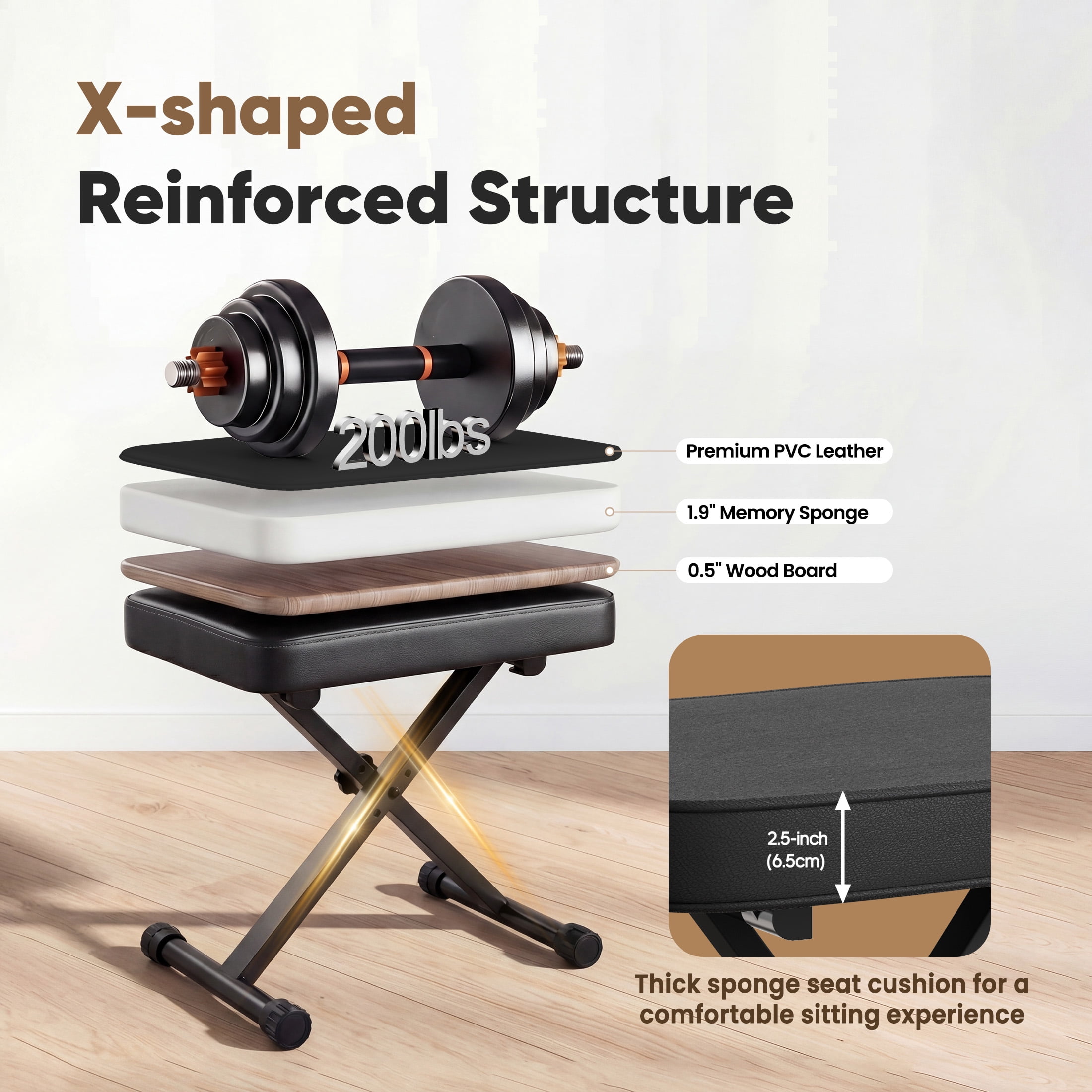 EDX Adjustable Height Piano Bench/Music Performance Stool - 3-Level Height Adjustment, Non-Skid Design,High-Density Sponge Padded, Portable & Foldable X-Style Seat, 250LBS Weight Capacity,Black
