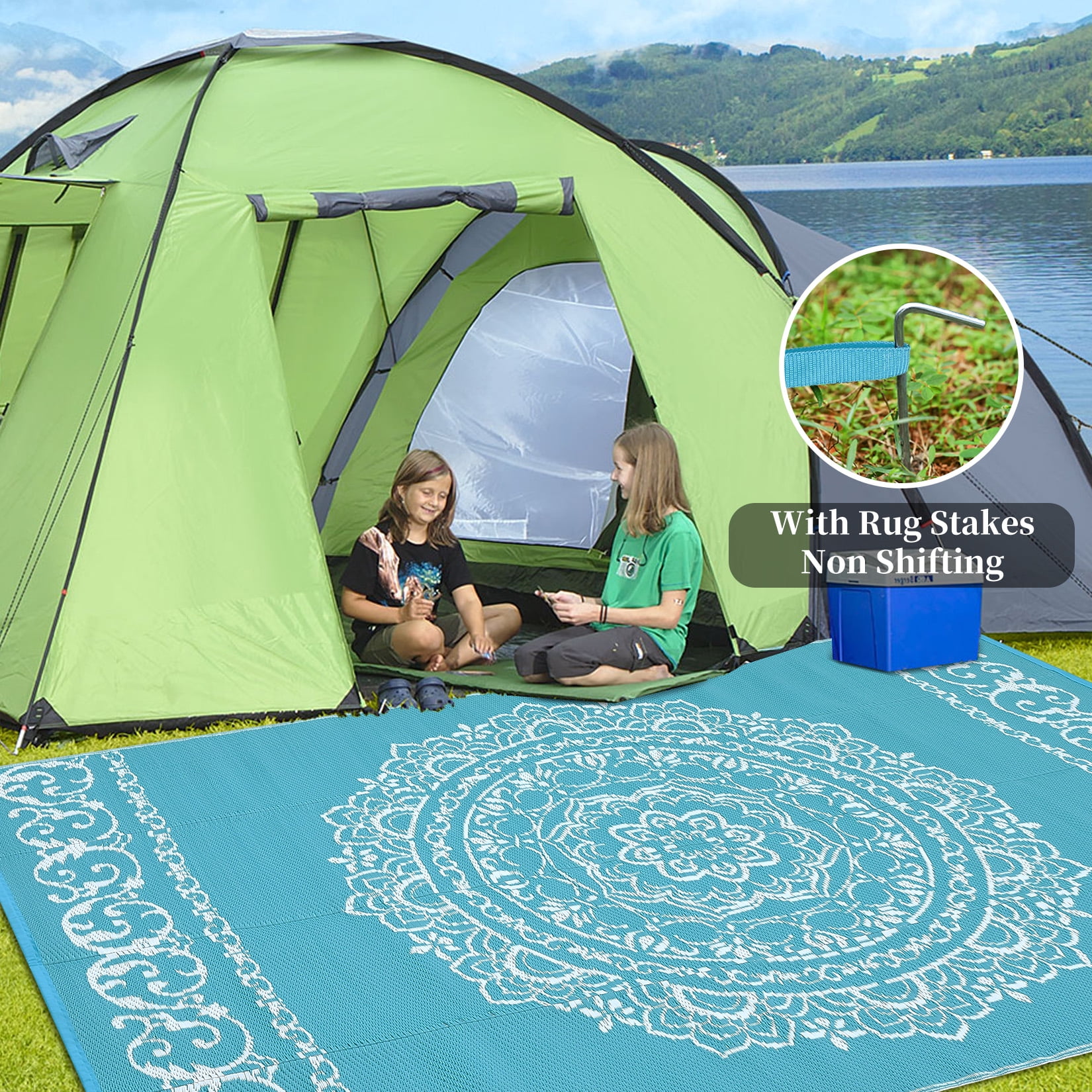 GlowSol 9x12 Outdoor Rug Waterproof Carpet Patio Rug Indoor Outdoor Area Rug Reversible Rug for Picnic Beach Deck-Outdoor, Light Blue/White