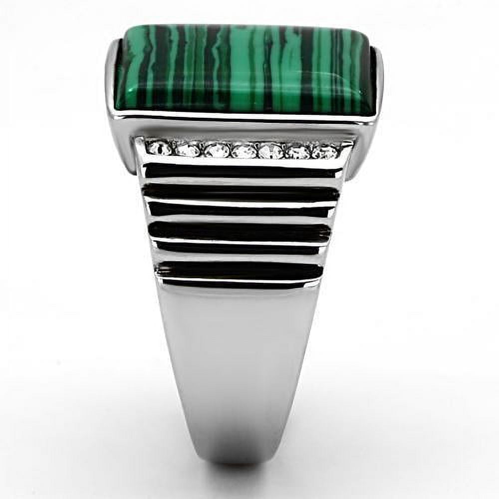 Mens Ring Green Stainless Steel Ring with Synthetic Malachite in Emerald