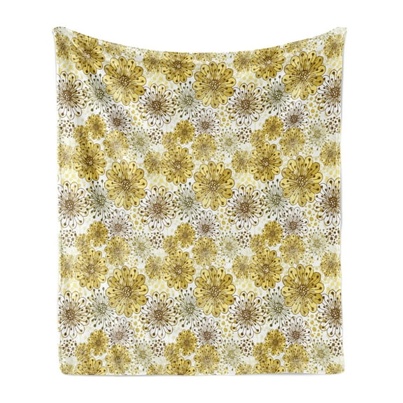 Floral Soft Flannel Fleece Throw Blanket, Blossoms Petals Modern Dots Abstract Bedding Plants Gardening, Cozy Plush for Indoor and Outdoor Use, 70" x 90", Khaki Brown White, by Ambesonne