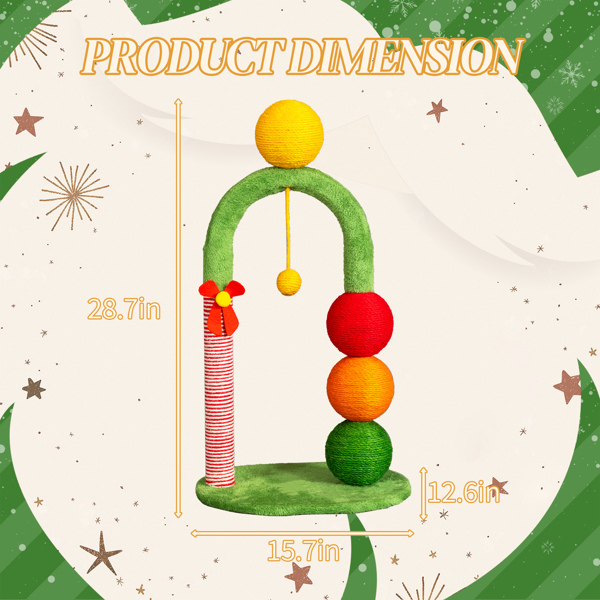 29in Christmas Cat Tree Tower with Sisal Balls - Holiday Cat Scratcher with Candy Cane Post & Dangling Toys for Indoor Cats