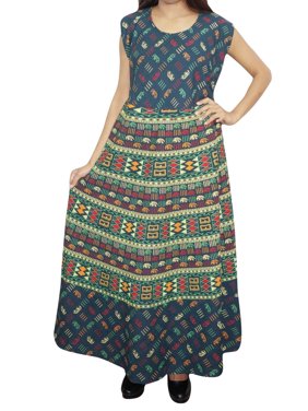 Mogul Women Bohemian Cotton Maxi Dress Printed Sleeveless Ethnic Indian Comfy Tribal Long Dresses L