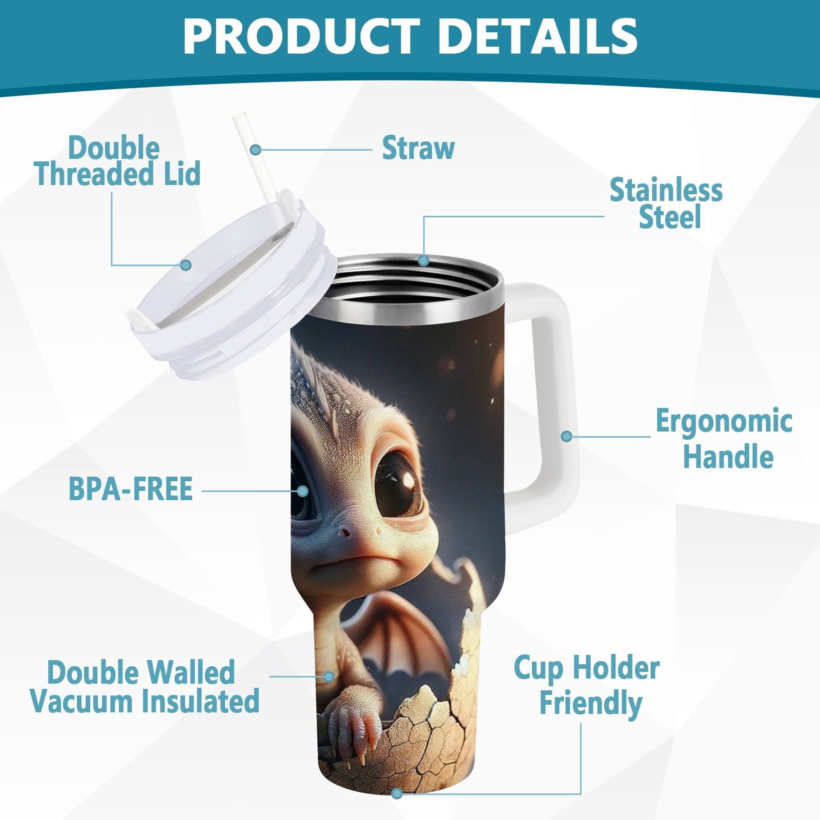 JSTEL Cute Baby Dragon 30 oz Tumbler Stainless Steel Water Bottle Vacuum Insulated Cup with Straw Lid & Handle For Travel Car Cup Holder