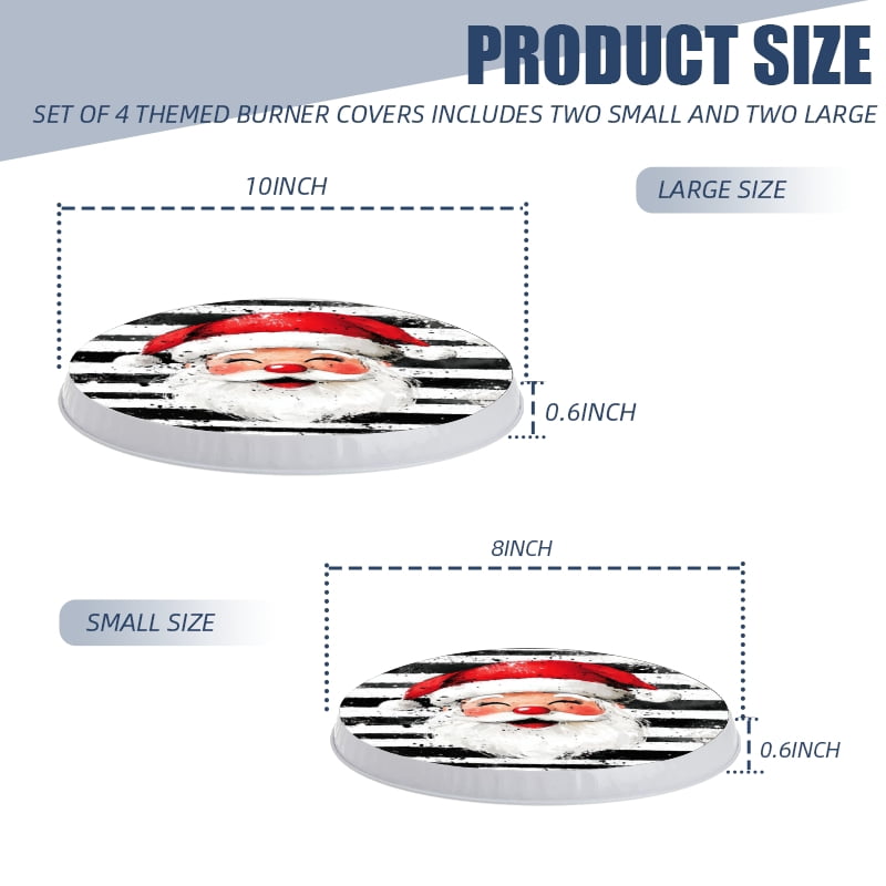 Christmas Round Stove Burner Covers Set of 4, Black and White Checkered Santa Claus Mental Durable Xmas Kitchen Decorative Gas Stove Burner Covers, 8 Inches and 10 Inches