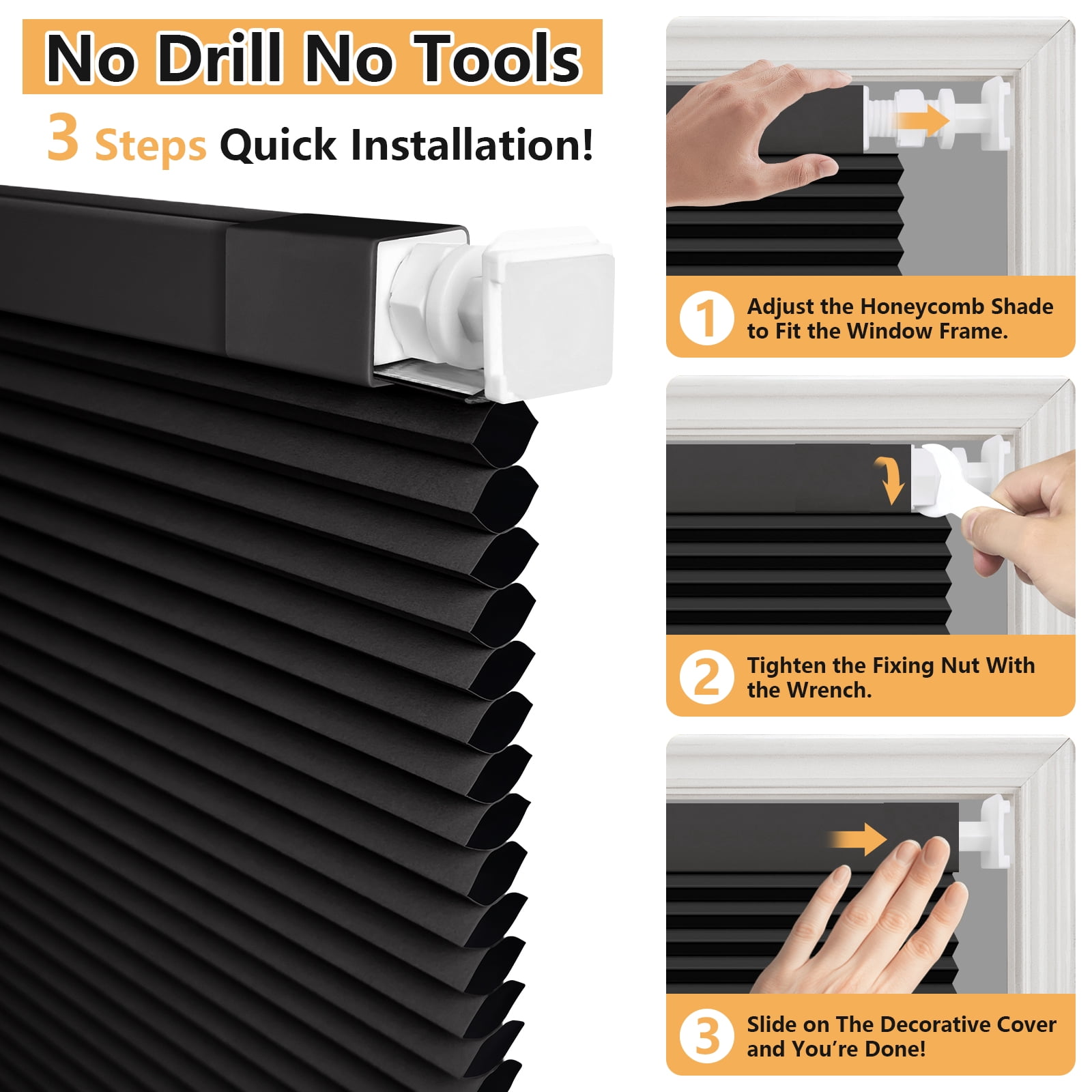Jane Stone No Drill 34x48" Blackout Cellular Shades, Cordless Free Stop Honeycomb Blinds, Thermal Insulating & Noise Reducing Window Blinds, Black