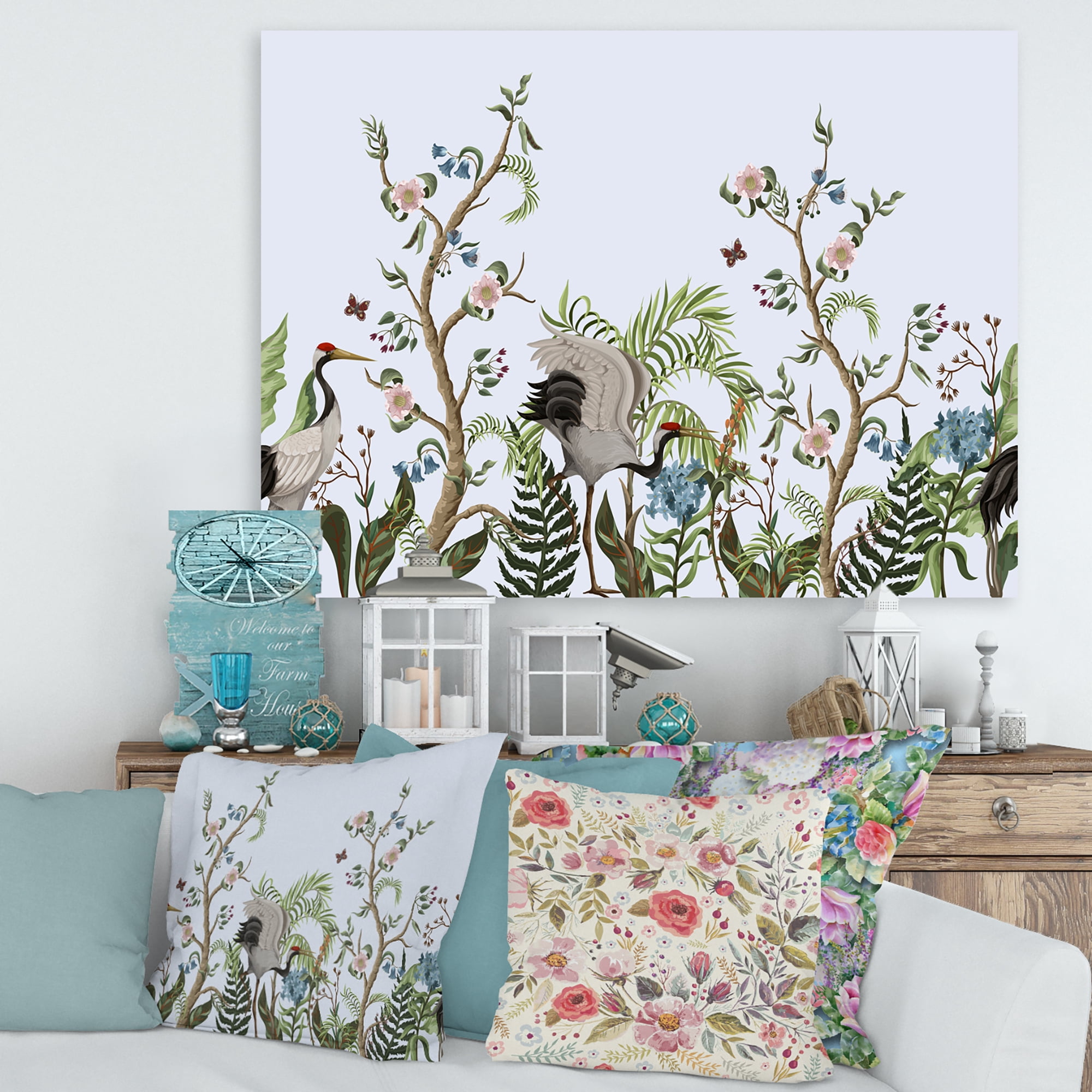 Designart ' Border With Peonies and Cranes In Chinoiserie Style ' Traditional Canvas Wall Art Print