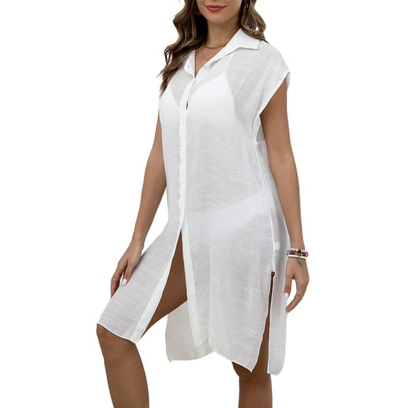 Women Swimsuit Coverup Shirt Dress Button Down Bathing Suit Cover Up Beachwear White One size