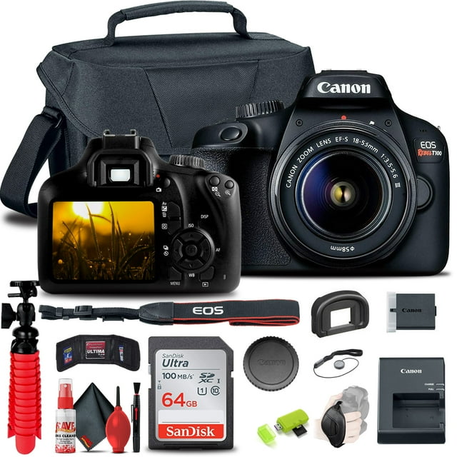 Canon EOS Rebel T100 / 4000D Appareil Photo Reflex Numérique avec Objectif 18-55mm (Neuf) + Carte 64 Go + Plus (Modèle International)