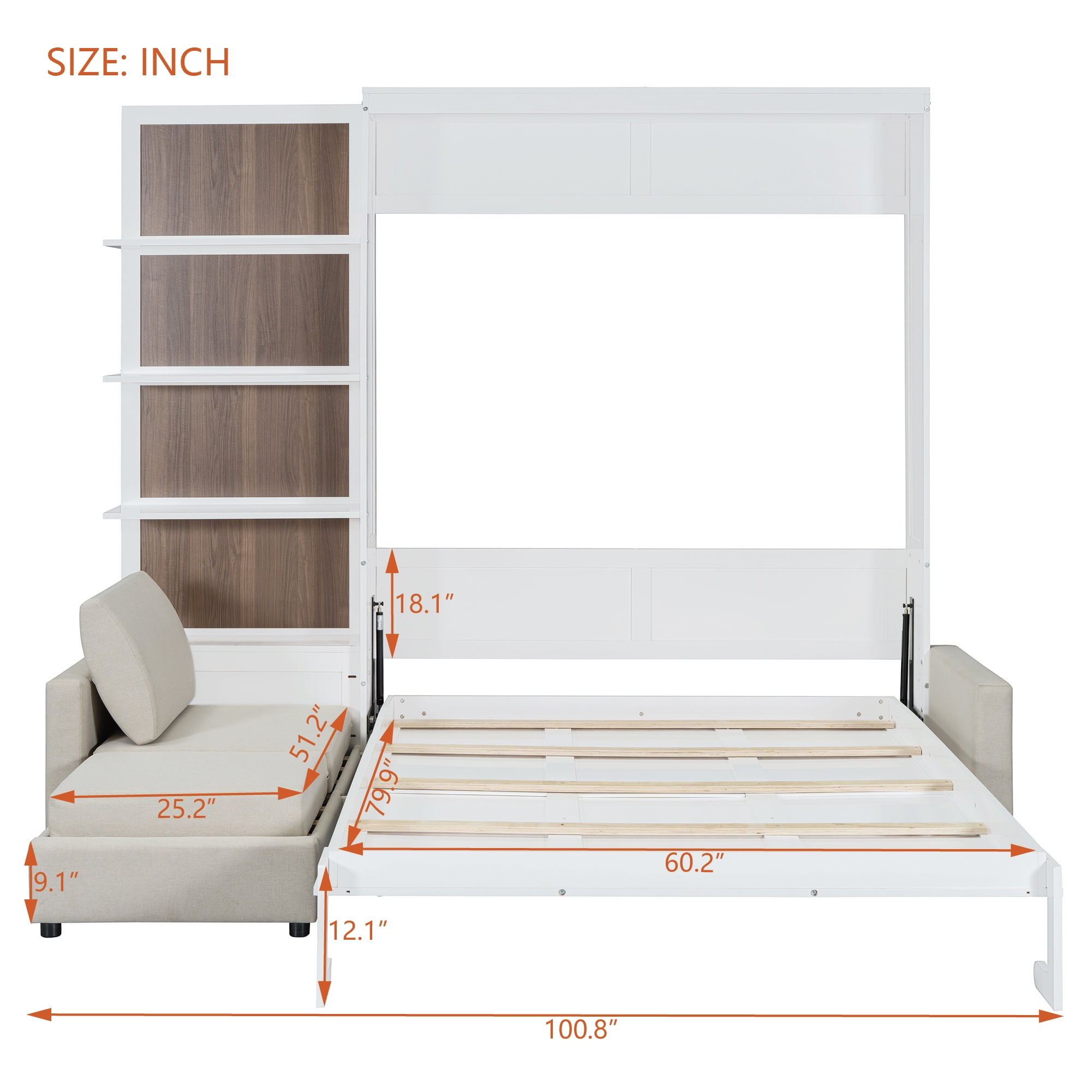 Harper & Bright Designs Queen Size Murphy Bed, Wooden Queen Murphy Bed Frame with Shelves, Wall Bed with L-Shape Sofa, White