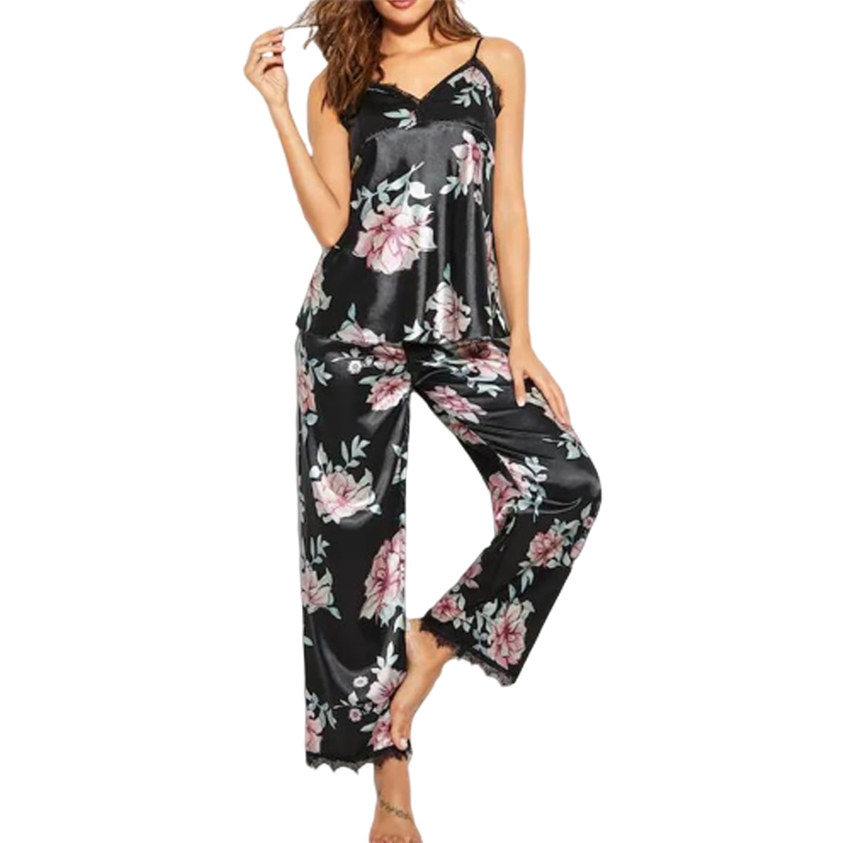 suanret Womens Silk Satin Pajamas Sets Sleeveless Tops+Long Pants