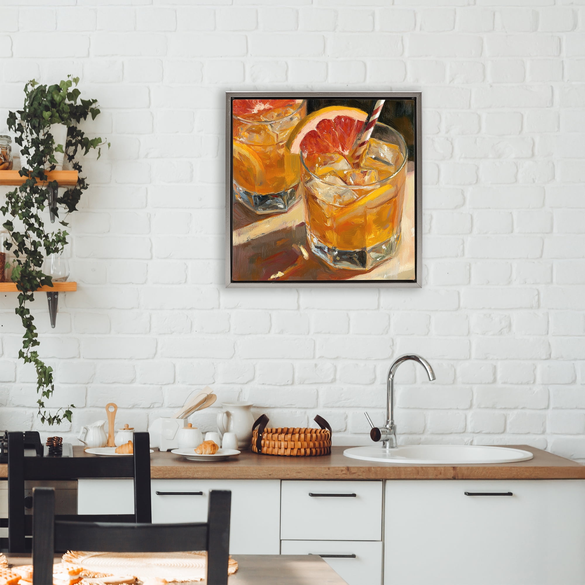 Stupell Industries Grapefruit Cocktail with Ice Cubes Gray Framed Floater Canvas Wall Art, design by Petal Prints Design