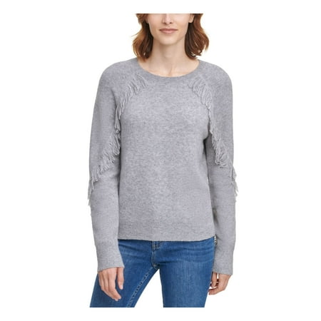 CALVIN KLEIN Womens Gray Fringed Long Sleeve Crew Neck Sweater S