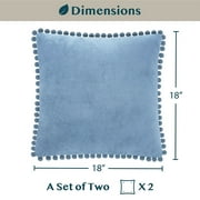 PAVILIA Dusty Blue Throw Pillow Covers with Pom Pom 18x18 Set of 2, Decorative Pillow Cases for Bedroom Aesthetic, Small Throw Pillows Set for Bed, Velvet Euro Plush Cushion Covers for Sofa Couch