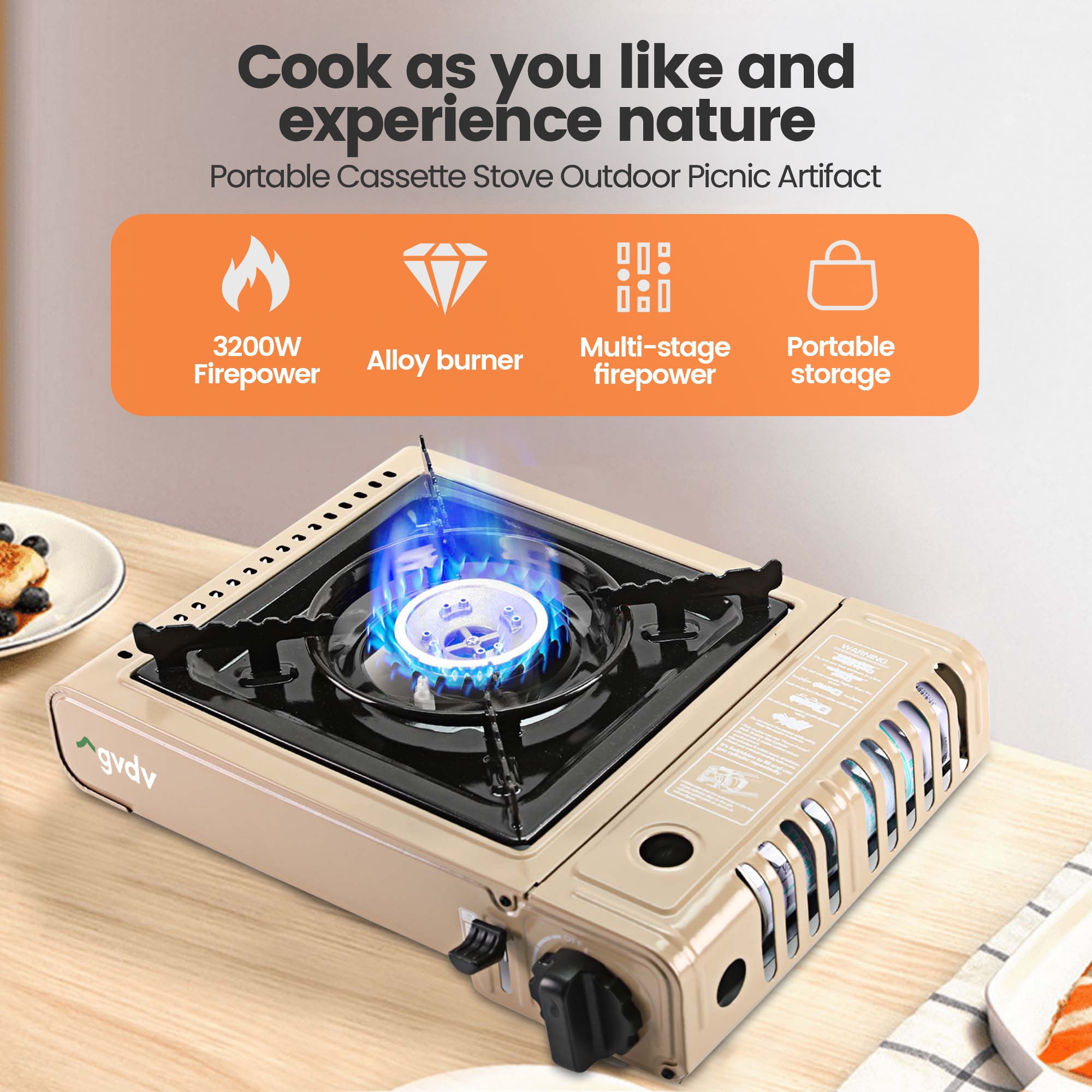 GVDV Portable Camping Stove, 1 Burner Butane Gas Stove with Updated Carrying Case