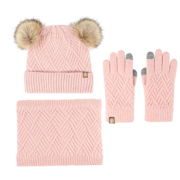 TERGAYEE 3PCS Baby Winter Hat Scarf Gloves Set,Winter Warm Kids Knitted Cap with Pompom Neck Warmer manipulatescreen Mitten Set for Boys Girls,Cold Weather Winter Accessories