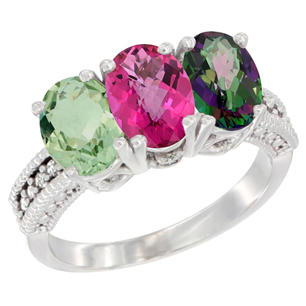 10K White Gold Natural Green Amethyst, Pink Topaz & Mystic Topaz Ring 3-Stone Oval 7x5 mm Diamond Accent, sizes 5 10 by WorldJewels