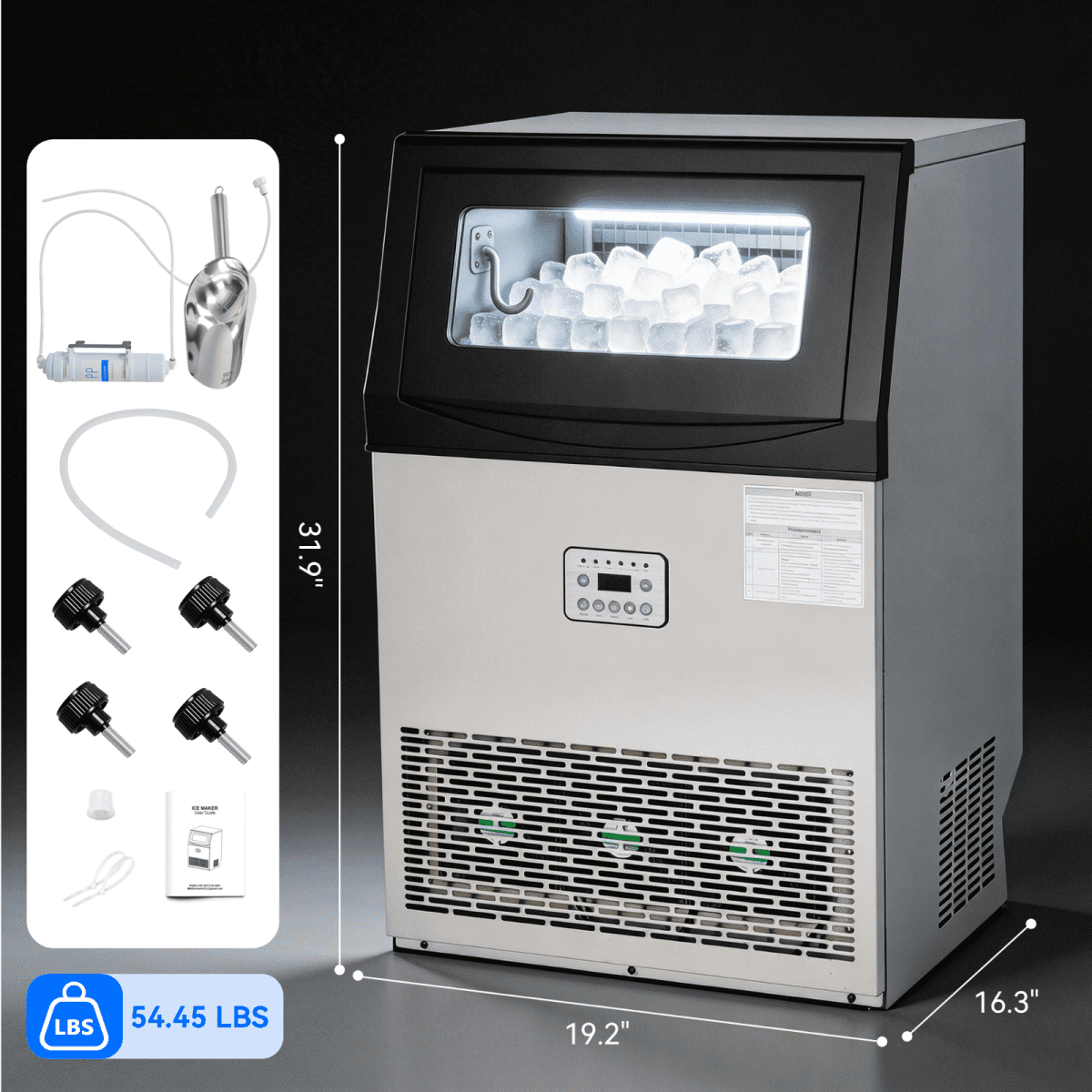 Commercial Ice Maker Machine, 110 Lbs/24H with 33 Lbs Storage, 50 Cubes, Under Counter/Freestanding Ice Makers, Stainless Steel