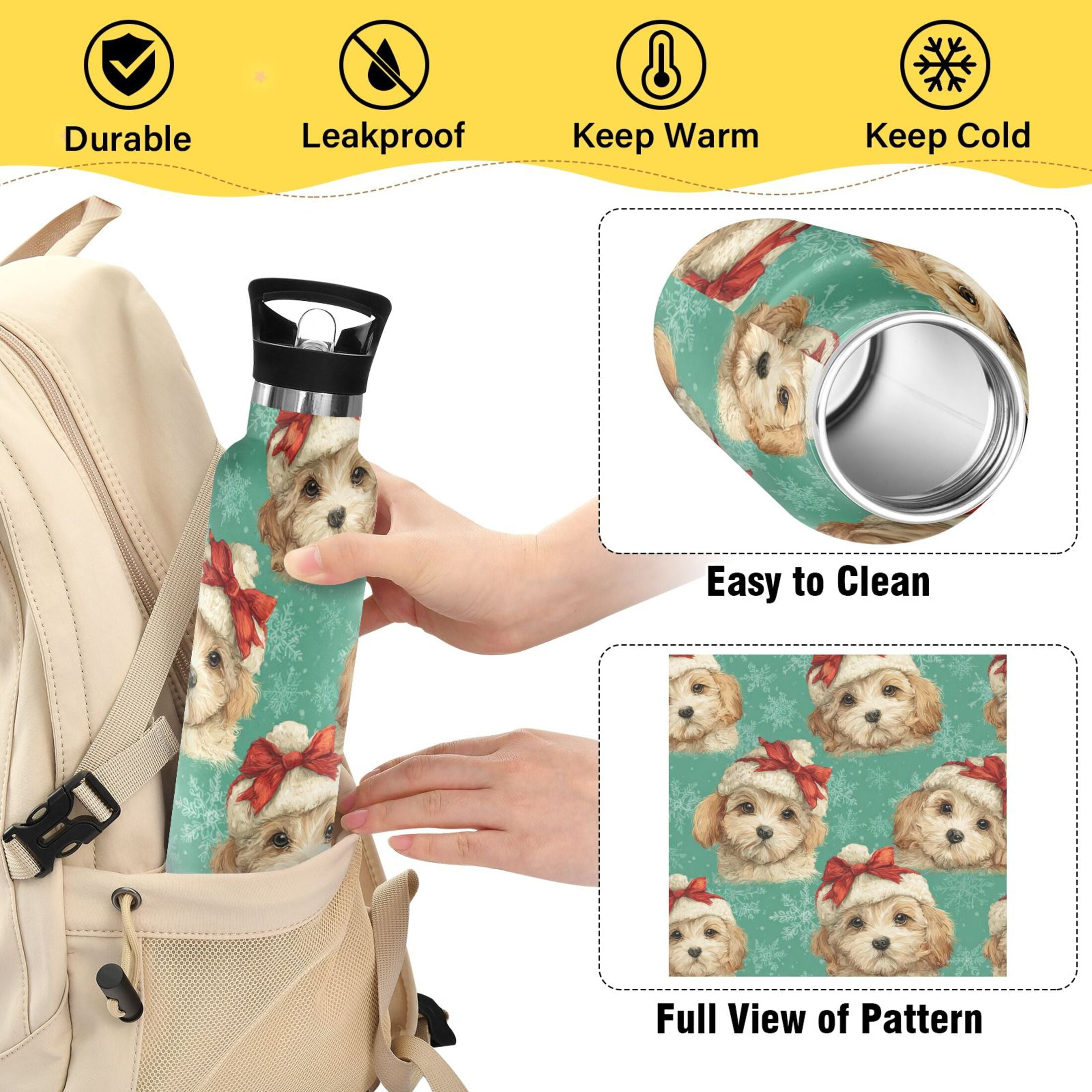 600ML Stainless Steel Insulated Cup Sports Water Bottle Portable Thermos Cup Water Glasses Insulated Tumblers Convenient and Durable Warm Christmas Dog